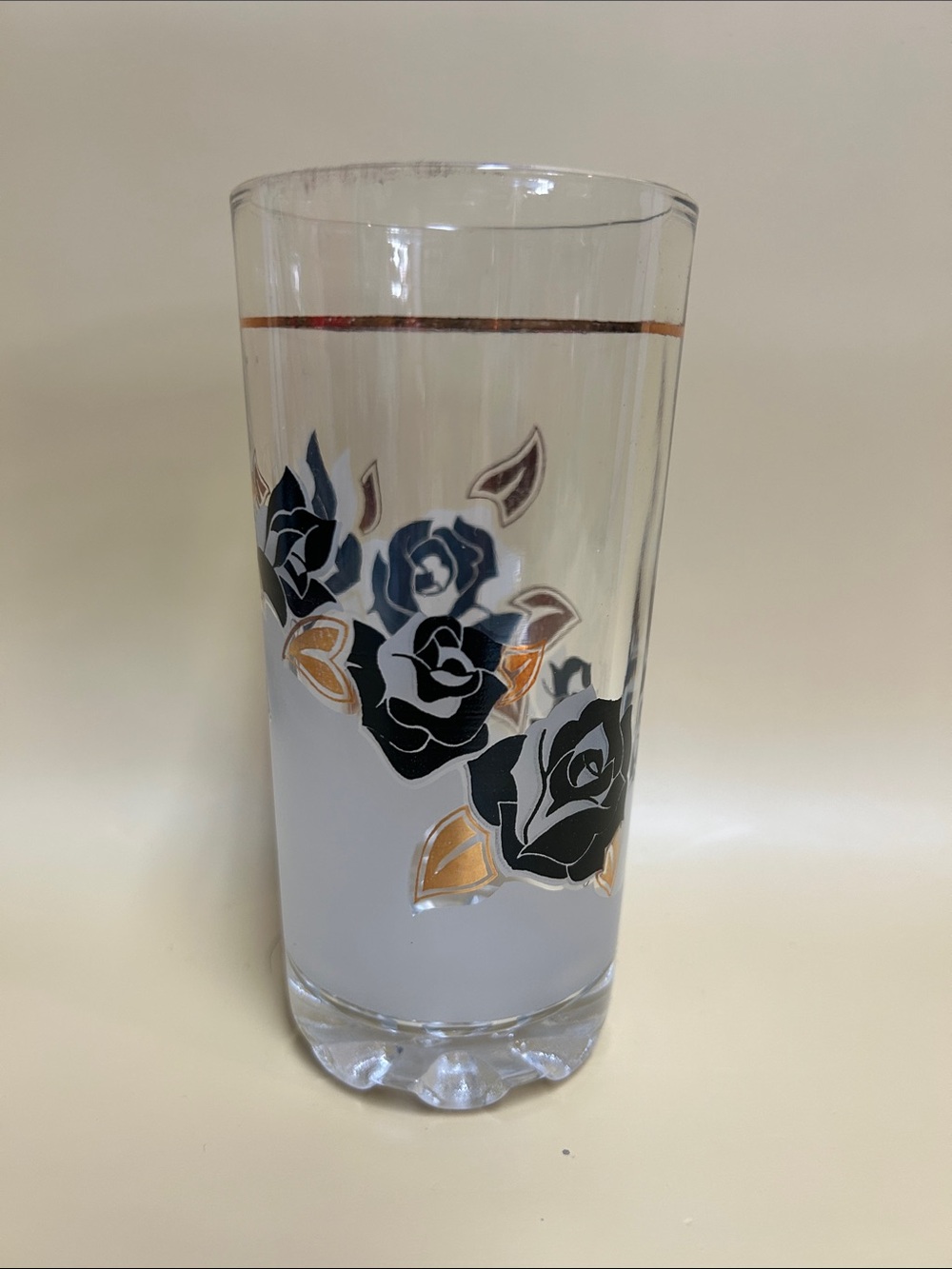 Vintage MCM Glassware, Black and Gold, Frosted, Roses, Gold Trim 5.5 inches